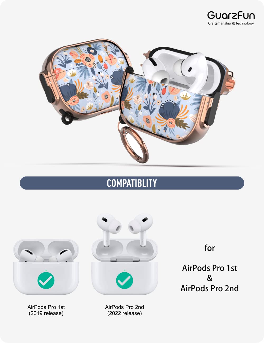 GuarzFun AirPods Pro 2 Case with Lock, for Women & Men (Blue Flower)