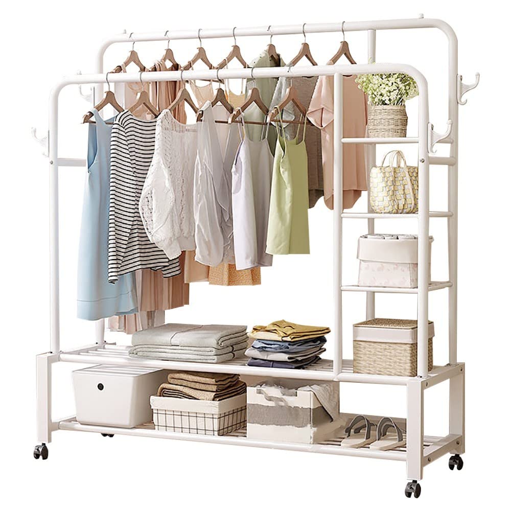MYUYEE Metal Coat Rack Stand, 3-In-1 Design Coat Stand With 2-Tier Shoe Stand, With 4 Hooks, Maximum Load 150Kg, For Living Room, Hallway, Bedroom, L:110Cm/130Cm/150Cm, Easy To(White-150Cm)