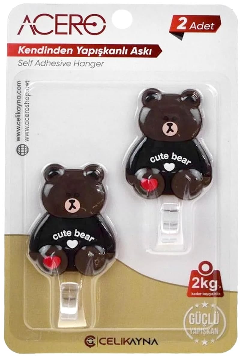 Cute Bear Kendinden Yapışkanlı Askı 2li, Sevimli Ayıcık Mutfak ve Banyo Askısı x 2 adet, 2 Kg taşıma kapasiteli Güçlü Yapışkanlı Plastik Askı - 38313