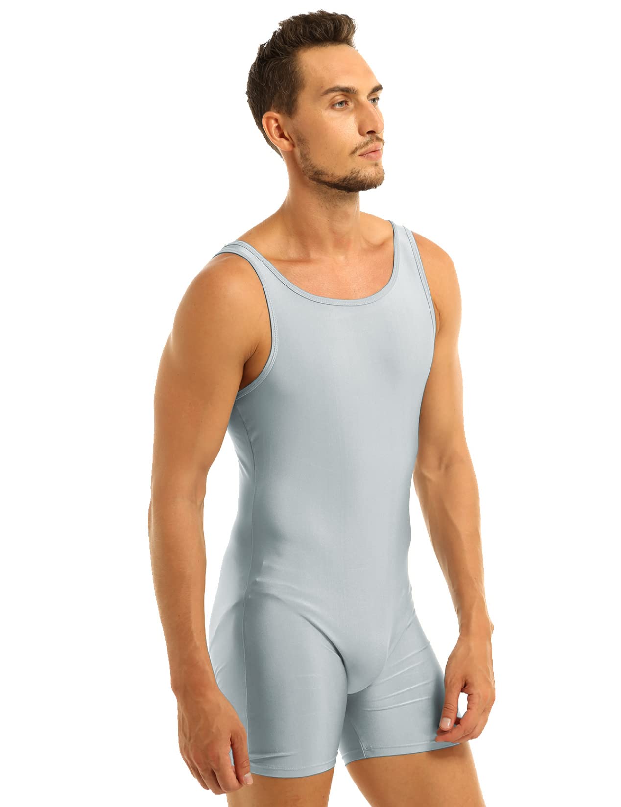 Daenrui Mens One Piece Wrestling Singlet Sports Bodysuit Stretchy Gymnastic Leotard Tank Jumpsuit Unitard Silver-gray Medium
