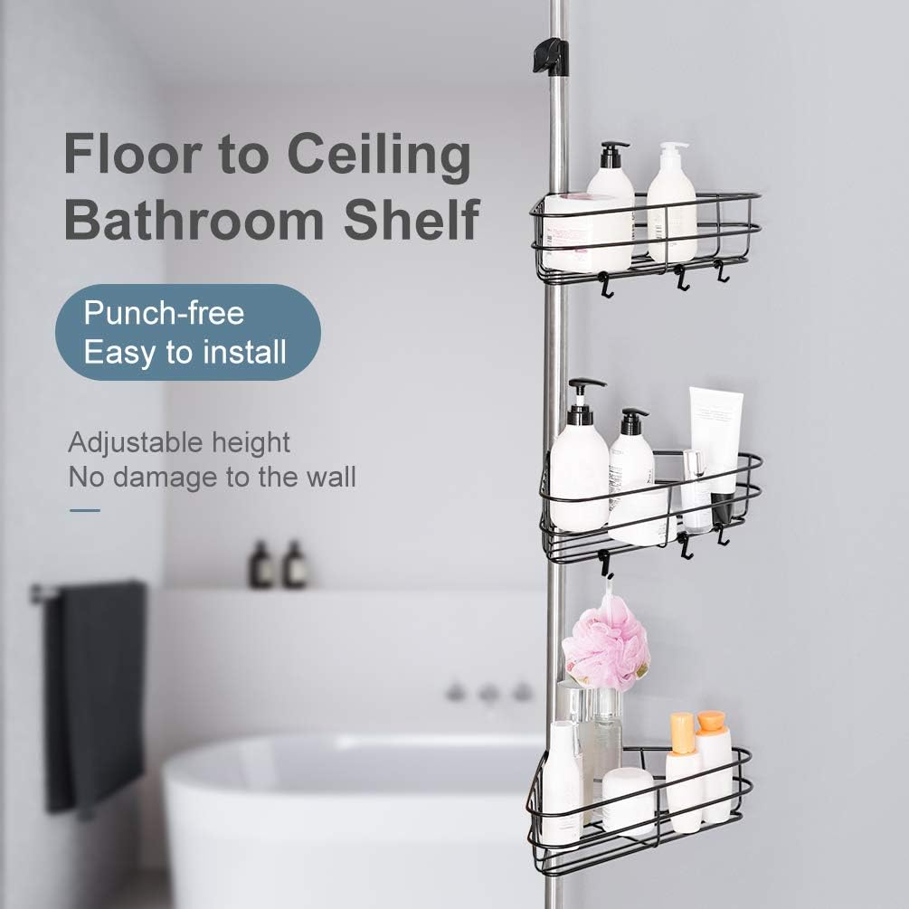 Image showing the shower caddy installed from floor to ceiling, highlighting its punch-free and easy installation.