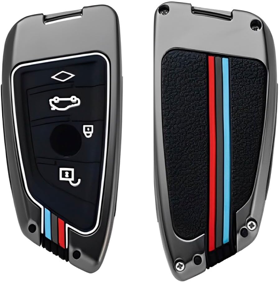 BKN Stylish Metal Soft Car Key Shell with Keychain & Full Protection Key Cover for B.M.W. X1 X3 X6 X5 | 3, 5, 6, 7 Series GT Series M, X Series 4 Button Smart Key, Black