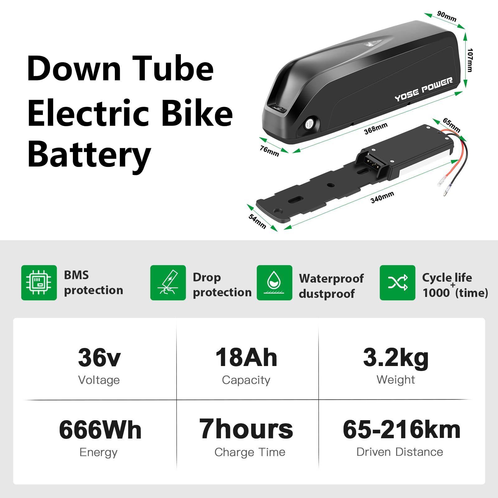 YOSE POWER Hailong - Batteria per bicicletta elettrica, 36 V, 18 Ah, 250 W/350 W/500 W/1000 W per Mifa Vaun Ebike