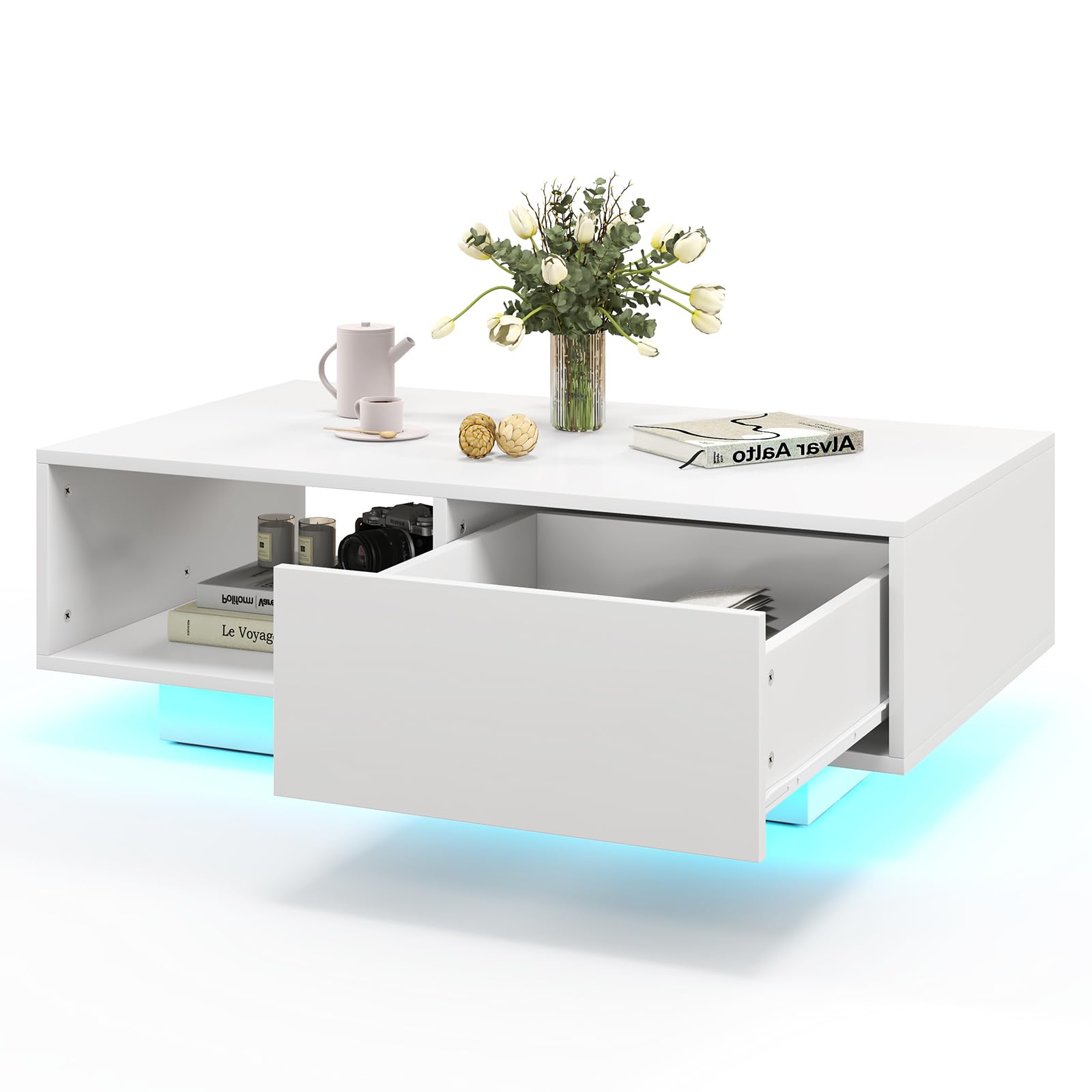 COSTWAY Led-salontafel, marmerlook, koffietafel met instelbare lichtkleuren, afstandsbediening en 4 opbergvakken, 105 x 55 x 50 cm, wit
