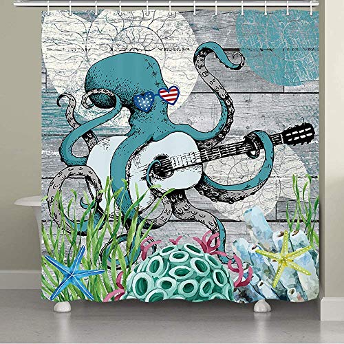 Funny Octopus Shower Curtain For Bathroom, Fun Nautical Ocean Animal Kraken Music Fabric Shower Curtains Set, Cool Unique Wooden Restroom Decor Accessories With Hooks 72X72Inches #TOP1