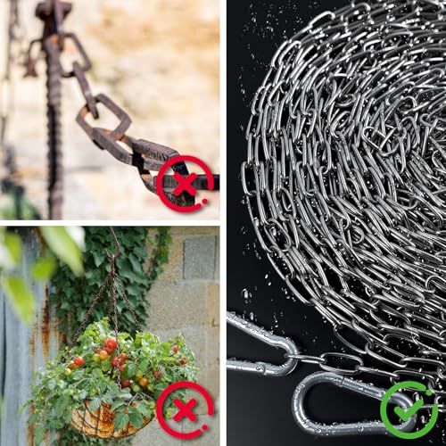 Edelstahlkette Meterware,10m Metallkette mit 2 Karabiner Stahlkette, Kette Edelstahl,1,5 mm Kette Zum Aufhängen für Hundekette Ankerkette Wäschekette Schwenkkette
