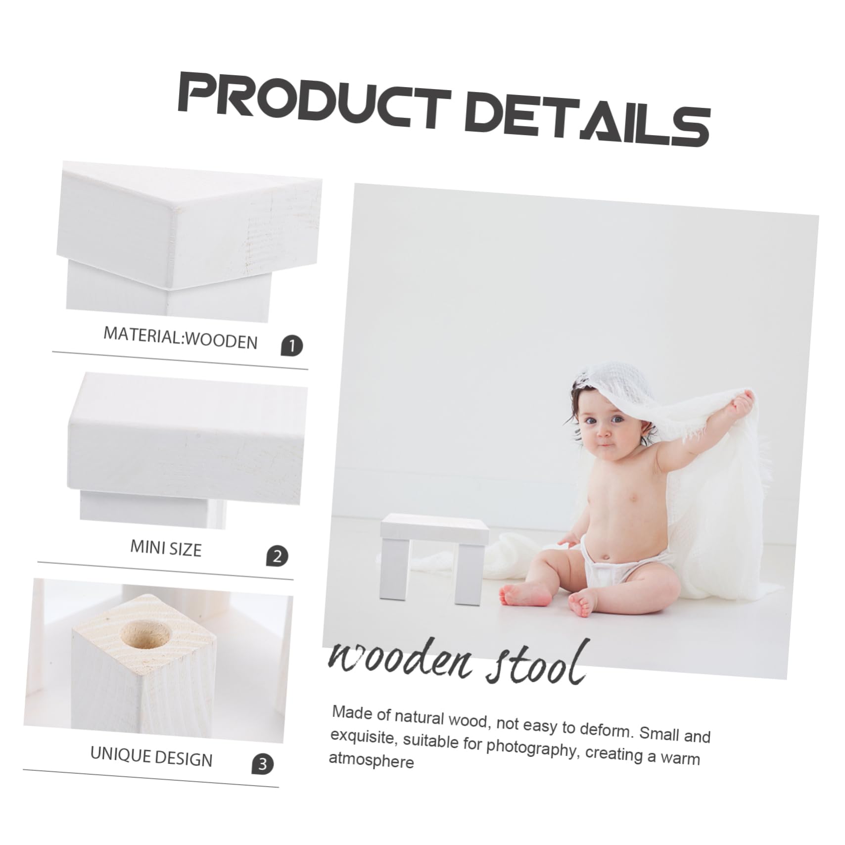 Levemolo Mini Banc en Bois Blanc Portable pour Accessoires Photographiques, Design Unique et Pratique, Photographie de -nés et Création d'une Atmosphère Chaleureuse