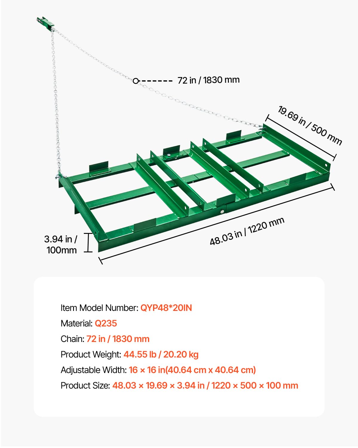 VEVOR Rastrillo de Arrastre 122 cm con Cadena de 183 mm Rastrillo para Nivelación de Caminos de Acceso para Vehículos Todo Terreno, UTV, Tractores, Cortacéspedes, Herramienta de Nivelación de Césped