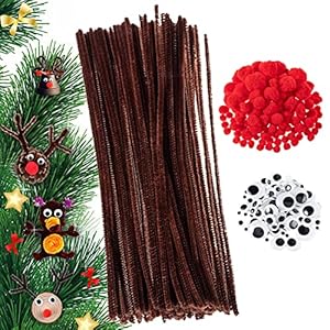 FUKPO 100 Fils Chenille Kit Marron Fil Chenille Cure Pipes, 100 Yeux Mobiles Autocollants, 150 Pompon Rouge Bricolage pour Tige Chenilles Loisirs Creatifs de Noël