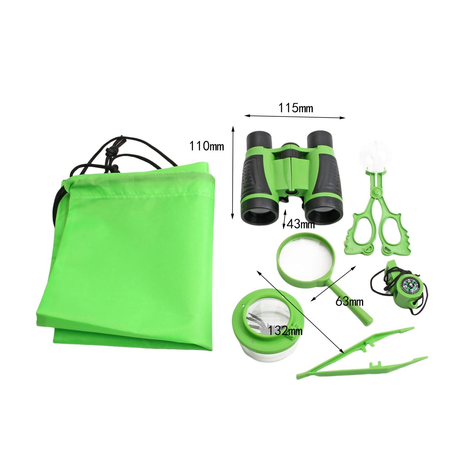 7 Pezzi Kit Avventura Binocolo Giocattolo Lente Ingrandimento Esplorazione Natura Bambini Resistente Adatto per Esplorazione Esterna Sviluppo Creativi, Verde