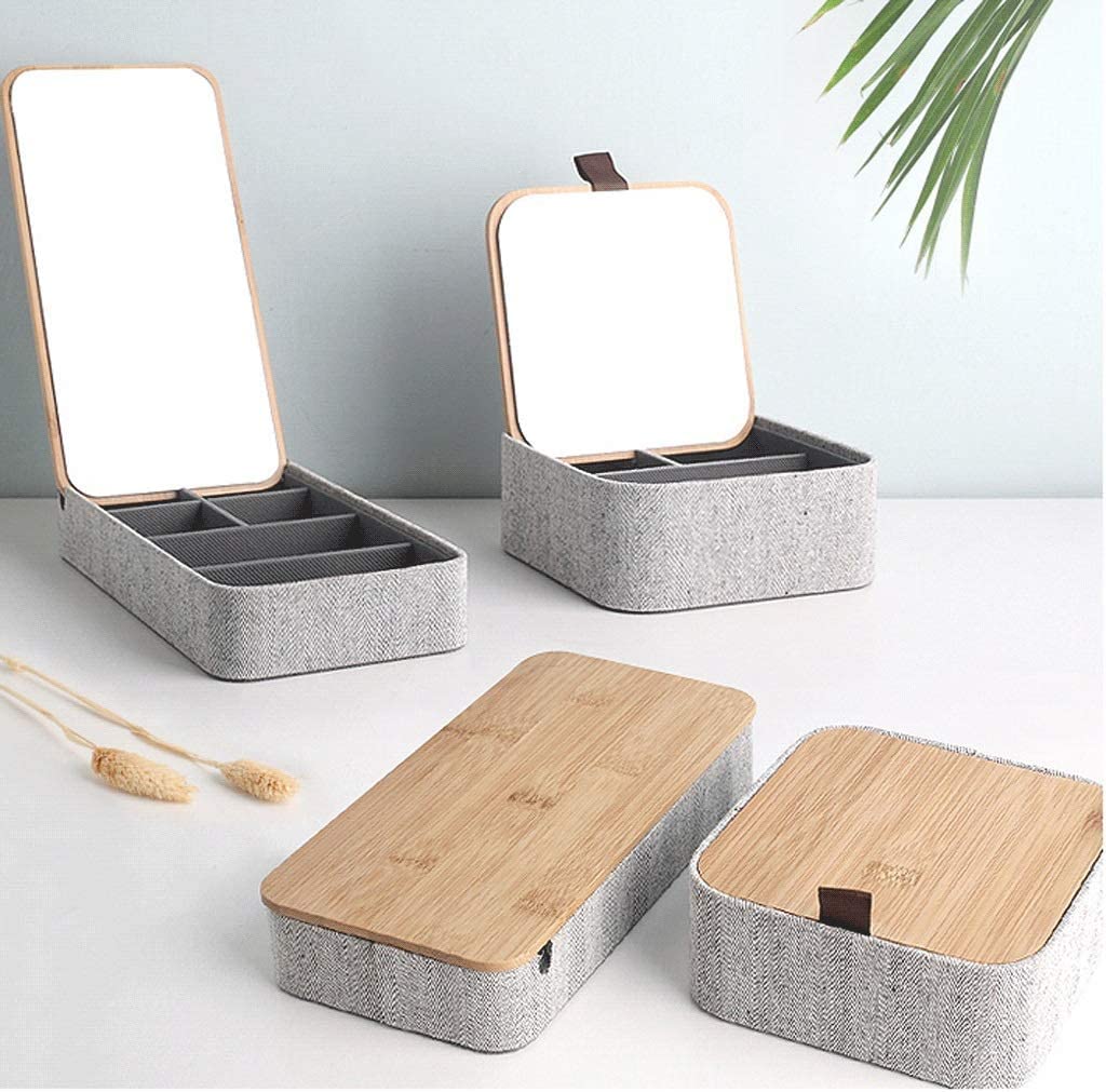 Organizer na Biżuterię Lustrzana Pokrywa Bambusowa W Jodełkę Zewnętrzna Tkanina Zegarek Pudełko Do Przechowywania Biżuterii Dla Kobiet Etui do Przechowywania(Rectangle 1pcs)