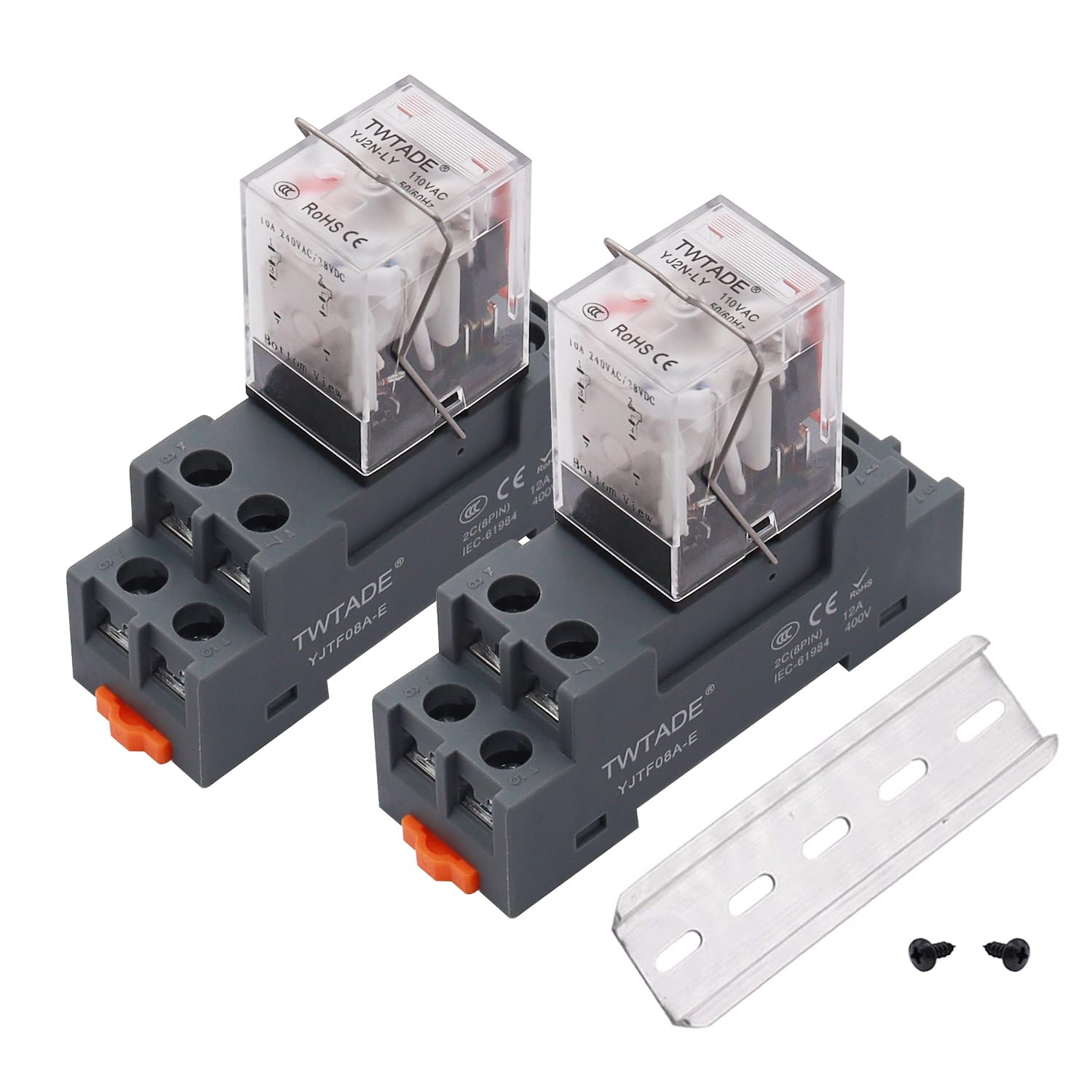 TWTADE 2PCS AC 110V/120V Relay 10A Electromagnetic Power Coil Relay 8 Pins 2DPT 2NO 2NC with Indicator Light, Socket Base & DIN Rail -YJ2N-LY