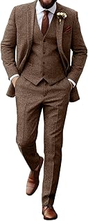 Retro Tweed Herringbone Suit for Men Slim Fit 3 Pieces Mens Suit Groom D...