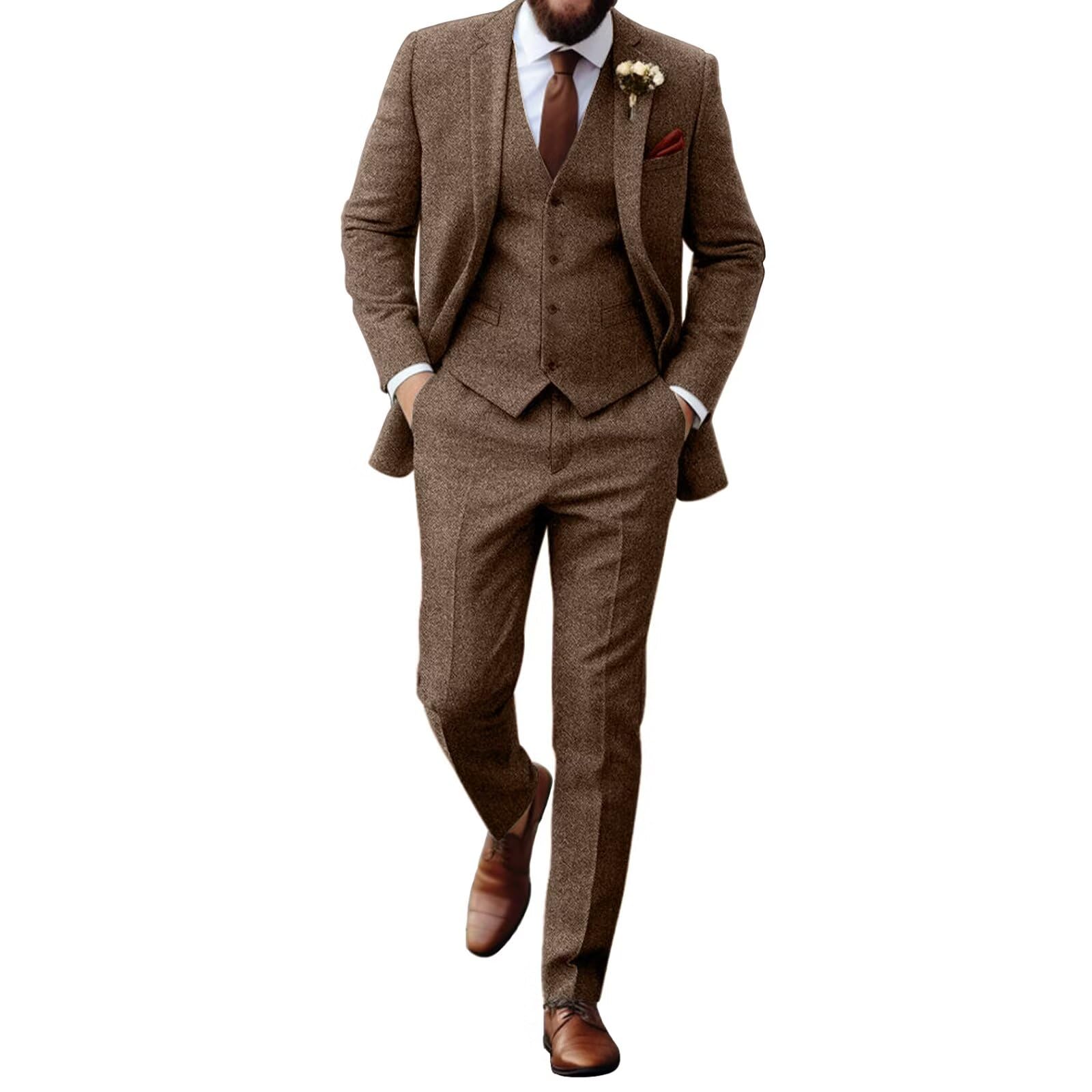 Retro Tweed Herringbone Suit for Men Slim Fit 3 Pieces Mens Suit Groom Dress Tuxedos Prom Suit Jacket