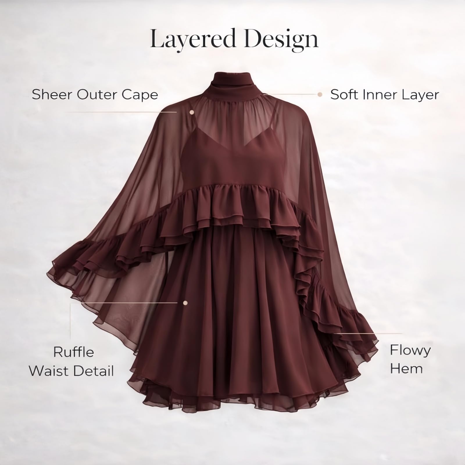 Generico Abito Estivo Corto ed Elegante in Chiffon Semitrasparente con Volant e Mantella Esterna; Maniche a Poncho, Collo alla Coreana e vestibilità Morbida e fluida