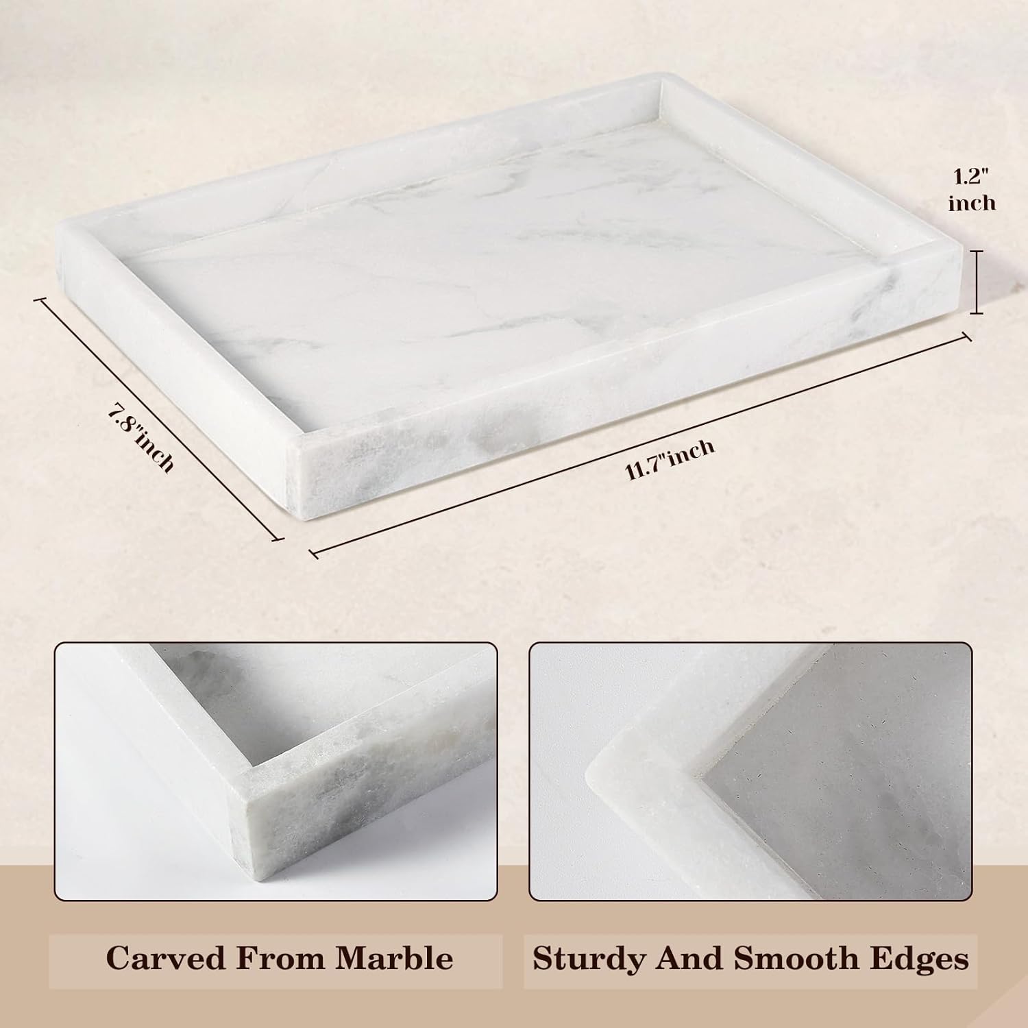 Real Natural Marble Tray, 11.7" x 7.8" Decorative Vanity Tray for Bathroom Countertop, Kitchen Counter, or Catchall, White Coffee Table Tray for Jewelry, Perfume, Candles, Office, Home Decor