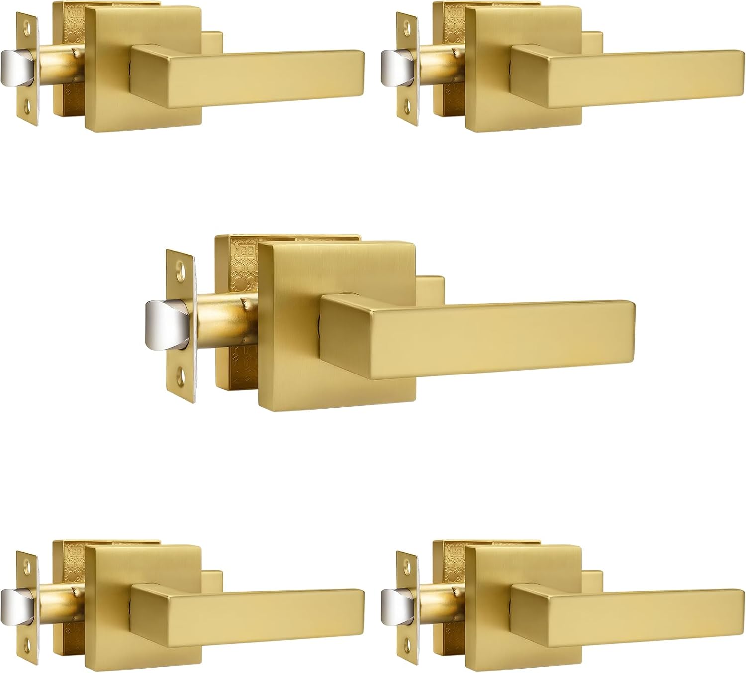 Probrico 5 Pack Square Brushed Gold Passage Door Handle Heavy Duty Keyless Door Lever Lock for Hallway Closet Interior Satin Brass Door Knobs Lockset