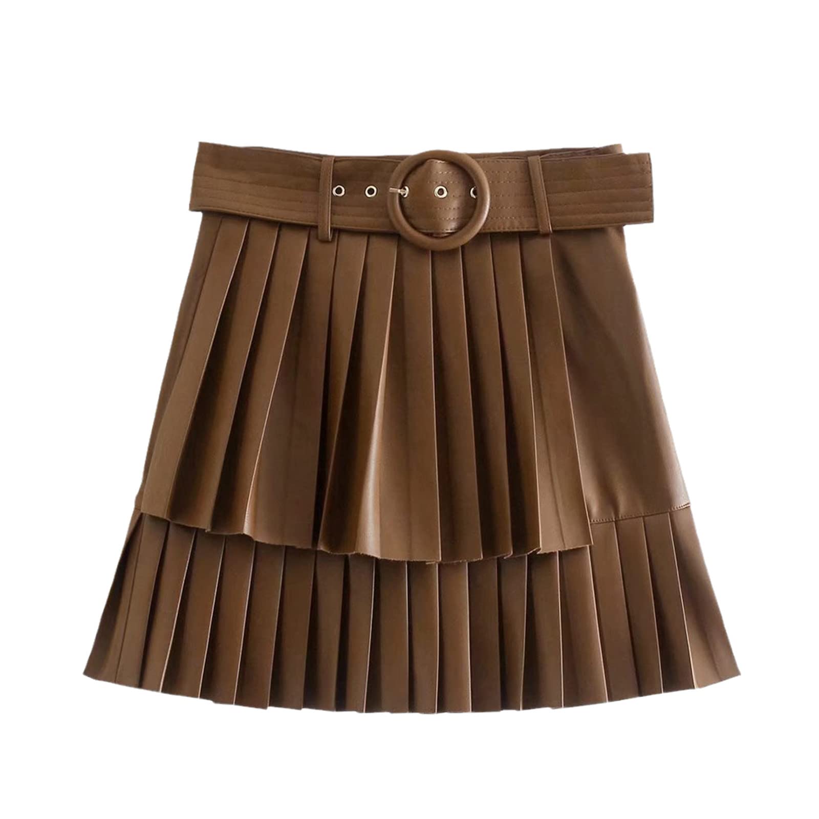 Moda donna con cintura finta pelle pieghettata minigonna vintage a vita alta cerniera laterale gonne femminili, come da immagine 2 , L