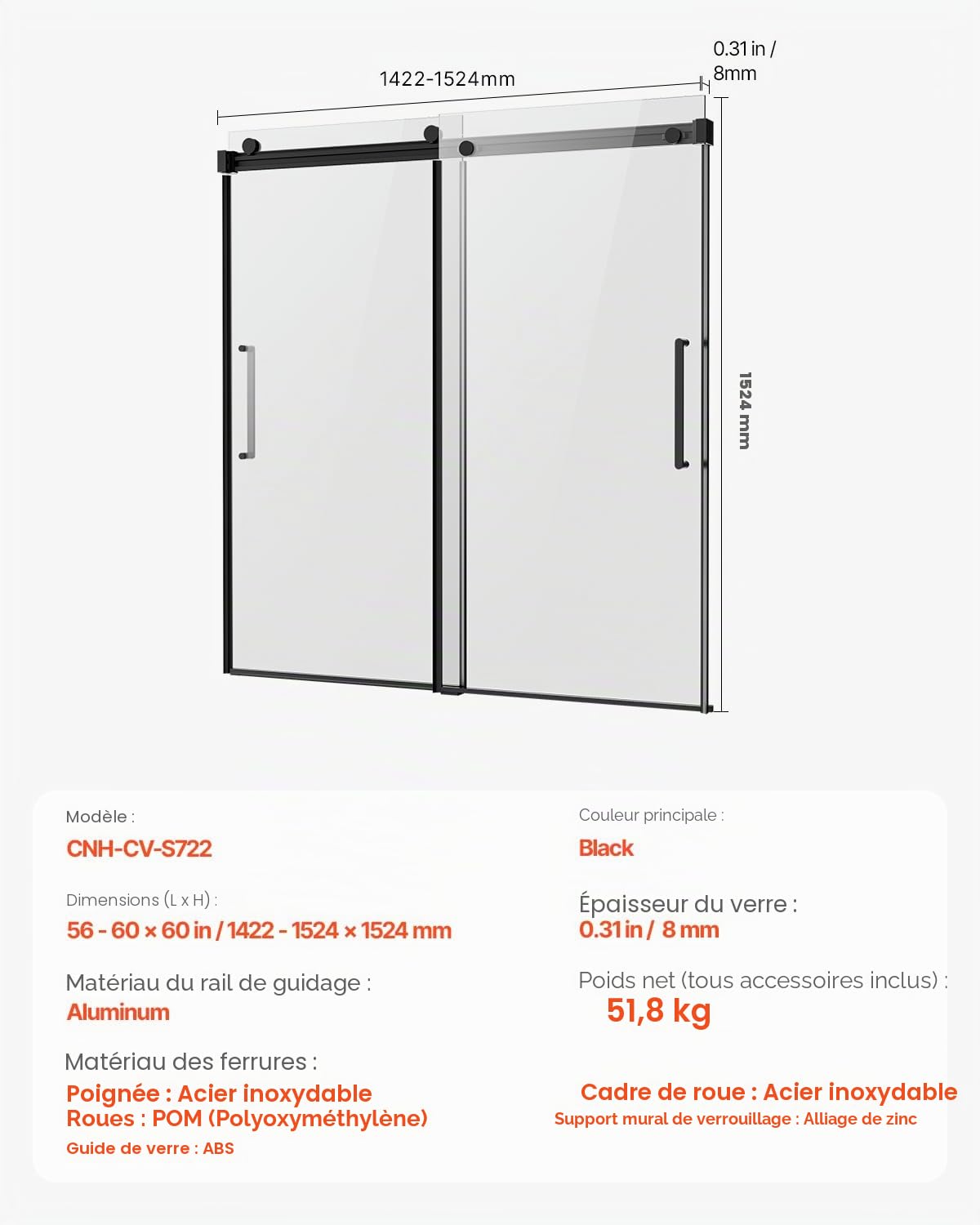 VEVOR Porte de Baignoire-douche sans Cadre 1422-1524x1524 mm, Pare-baignoire Coulissante Double, avec Verre Trempé Transparent de 8 mm et Poignée en Acier Inoxydable, pour Salle de bain, Noir