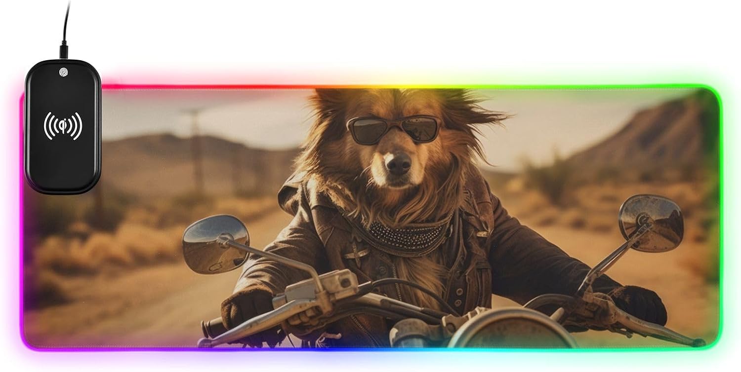 Mouse Pad Gaming with Wireless Charging, Extended Personalized LED Desk Mat with 14 Light Effects for Desk Dog Driving Motorcycle Print