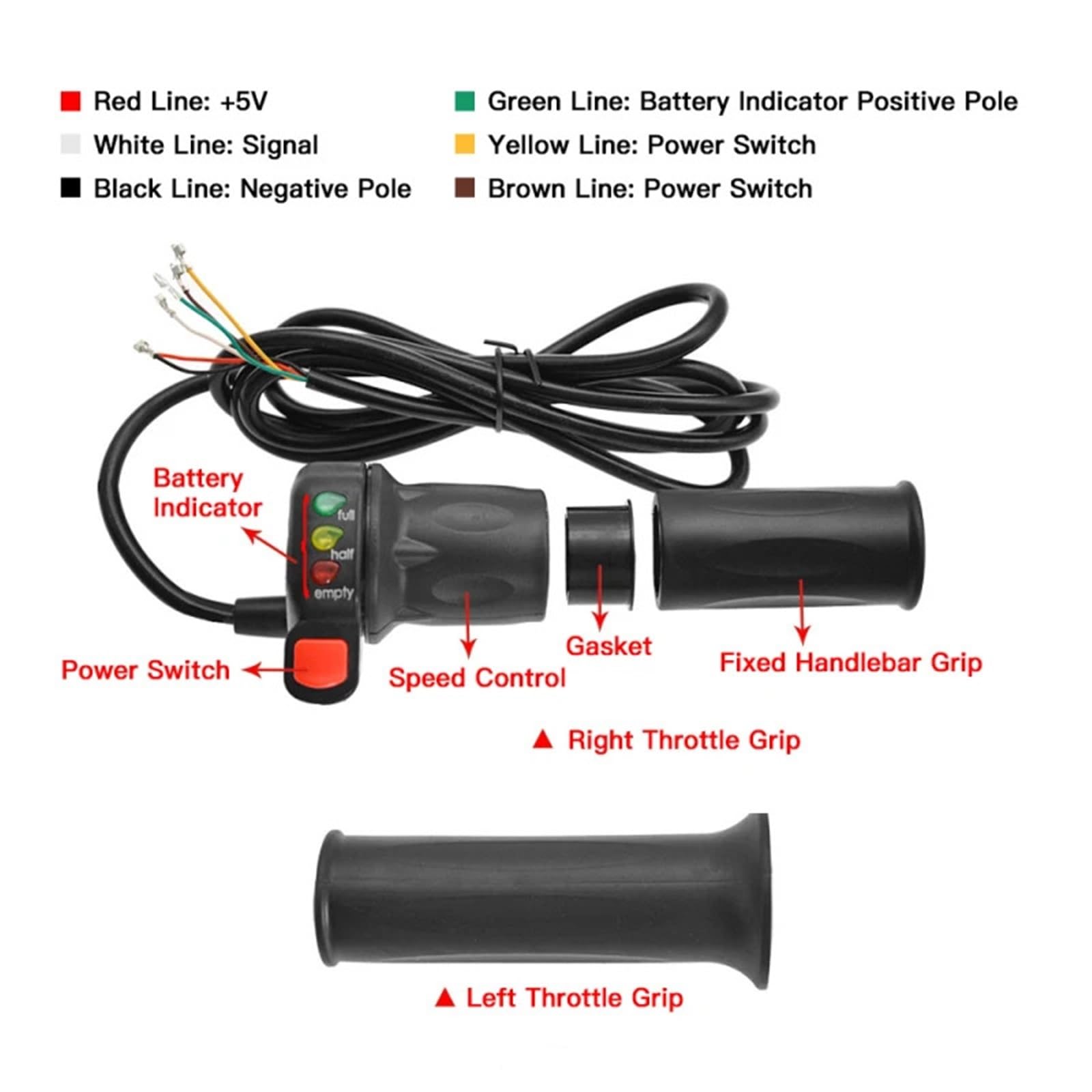 Lot de 2 poignées d'accélérateur 36 V/48 V avec indicateur de batterie pour vélo électrique