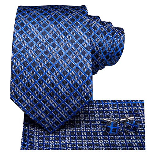 Image of Hi-Tie Men 63inches Tie Set Extra Long Necktie Paisley Tie Pocket Suqare Cufflinks Big and Tall Men Tie,Blue Plaid