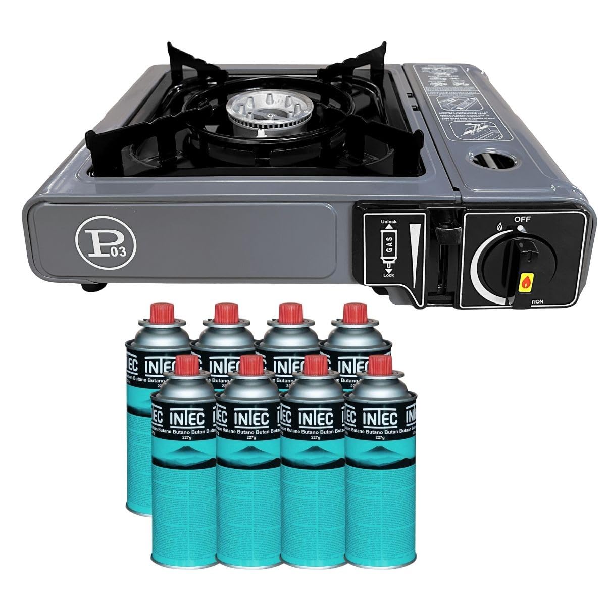 INTEC - Réchaud Gaz Portable 1 Feu 2,2 KW + 8 Cartouches gaz Butane incluses Allumage Piezo – Camping Randonnée Cuisine Extérieure