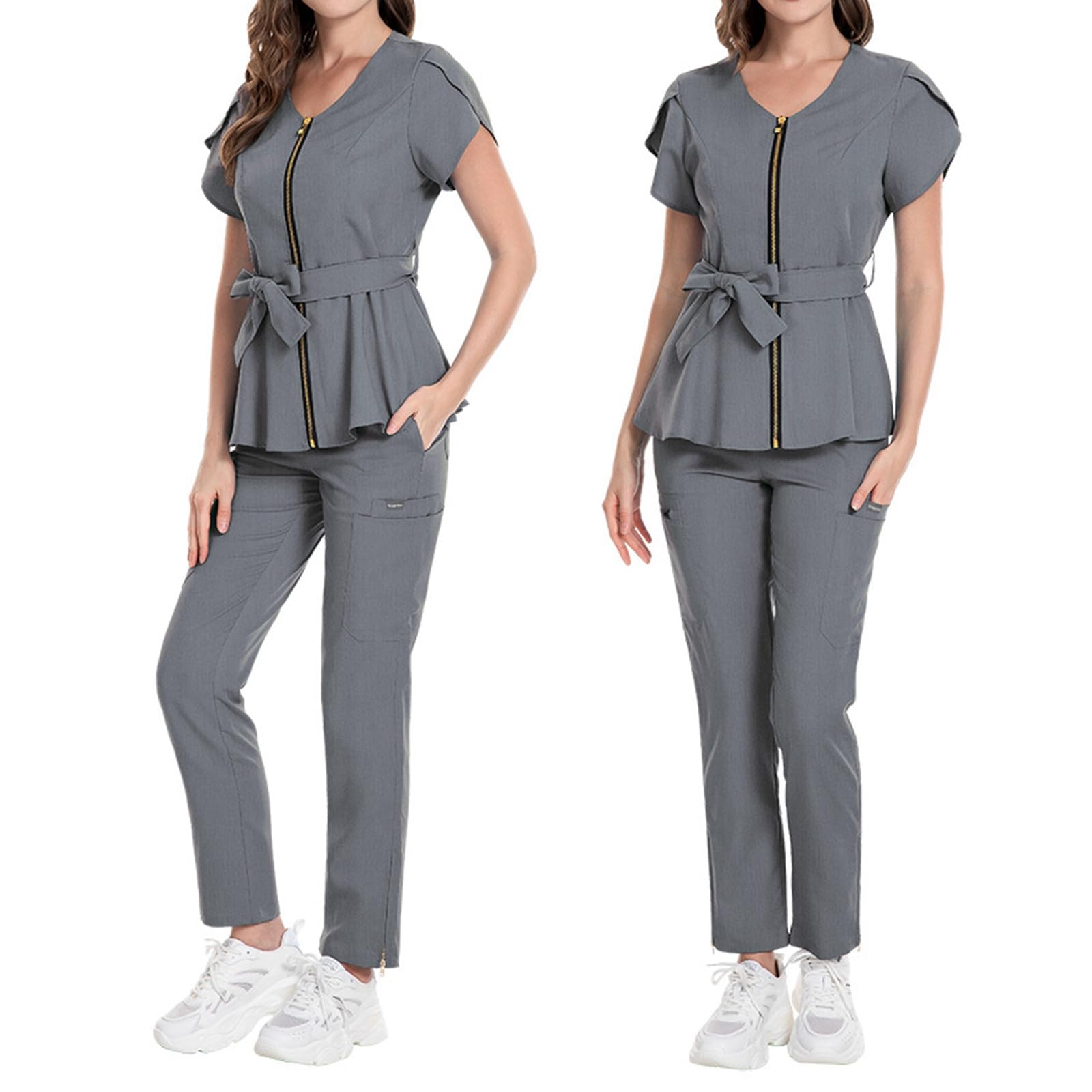 Uniforme mediche da donna, con scollo a V, top con cintura e pantaloni da jogging, vestibilità aderente, abbigliamento da lavoro per infermieri