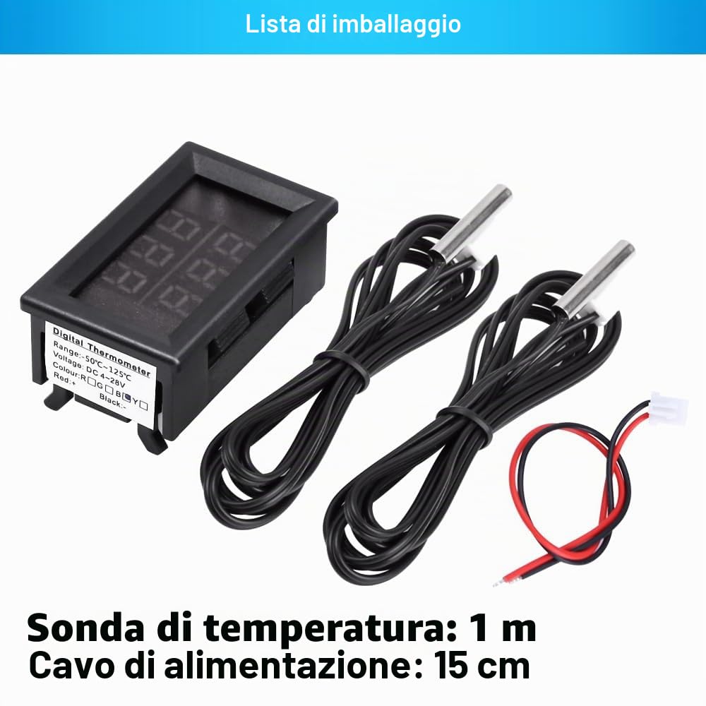 PEMENOL DC4-28V Termometro digitale a doppia sonda，a doppio display rosso e blu con sensore di temperatura NTC impermeabile a sonda metallica