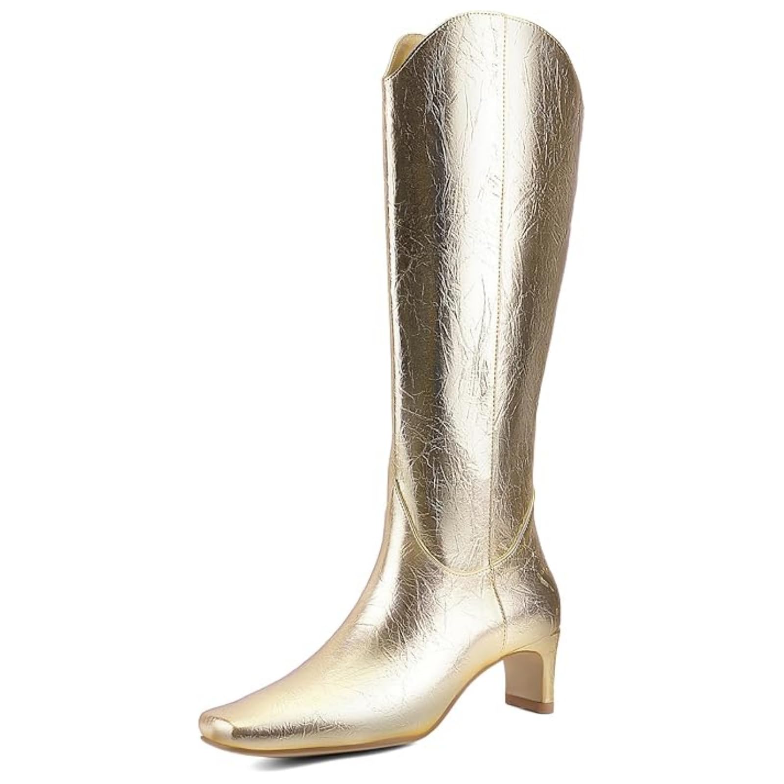 Womens Knee High Boots Square Toe Chunky Heel Pull On Boots Faux Leather Non-Slip Winter Boots for Party