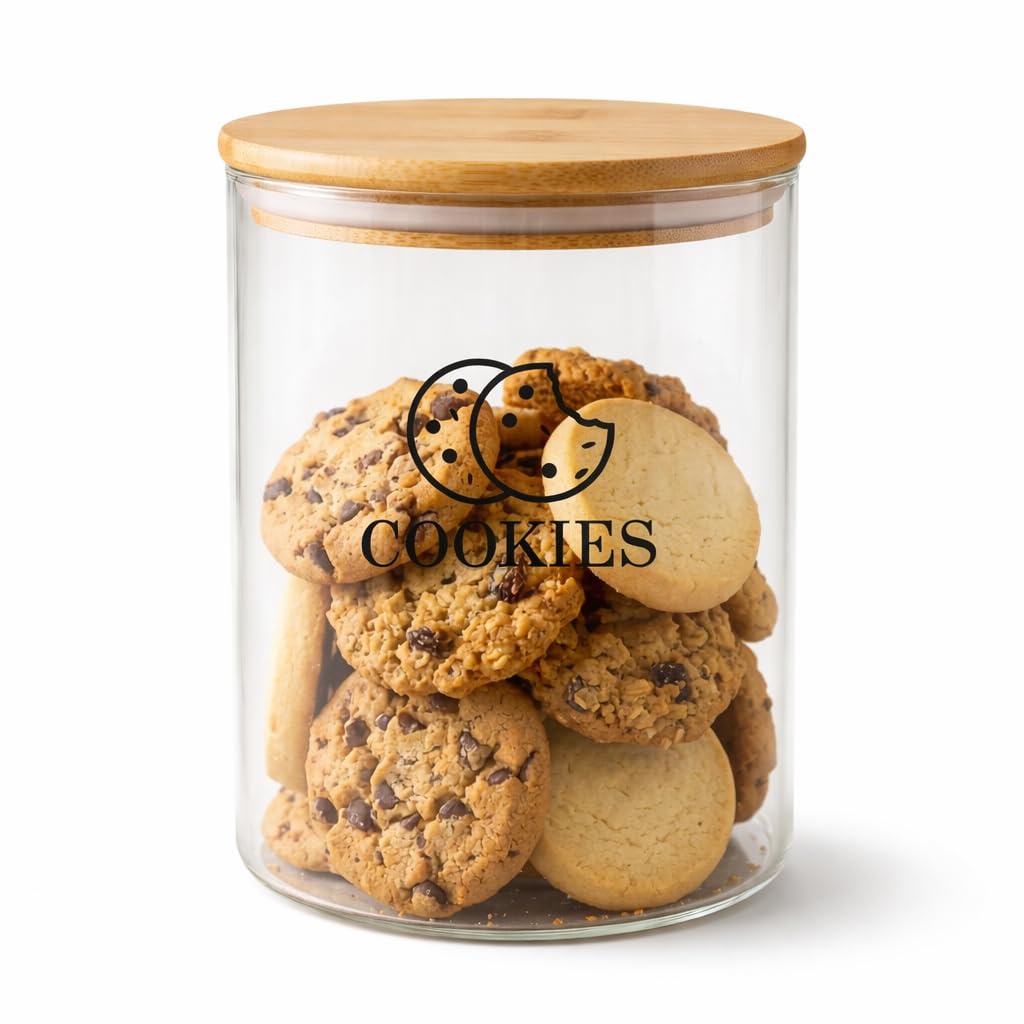 Punorric Biscuit Jar, 3.2L Glass Biscuit Barrel for Kitchen, Airtight Cookie Jar with Wooden Lid, Round Wide Mouth Storage Tin for Candy Buffet and Snacks, Stackable Food Storage Container