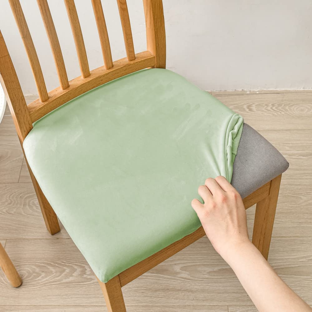 Highdi Dining Chair Seat Covers set of 1/2/4/6, Stretch Spandex Velvet Seat Cushion Slipcovers, Removable Washable Seat Protector Cover for Dining Room Living Room Office Hotel (light green,6 pcs)