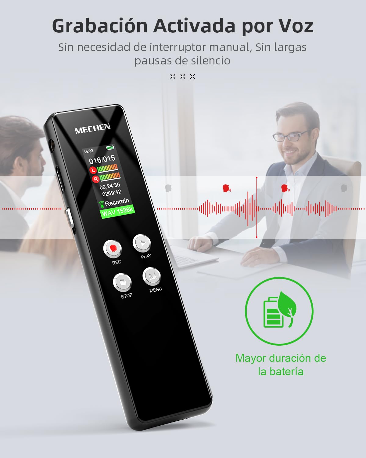 MECHEN V01 - Grabadora de Voz de 128 GB, Grabación con un Solo Toque, Protección con Contraseña, Reducción Automática del Ruido, para Entrevistas, Clases, Reuniones (128, GB)