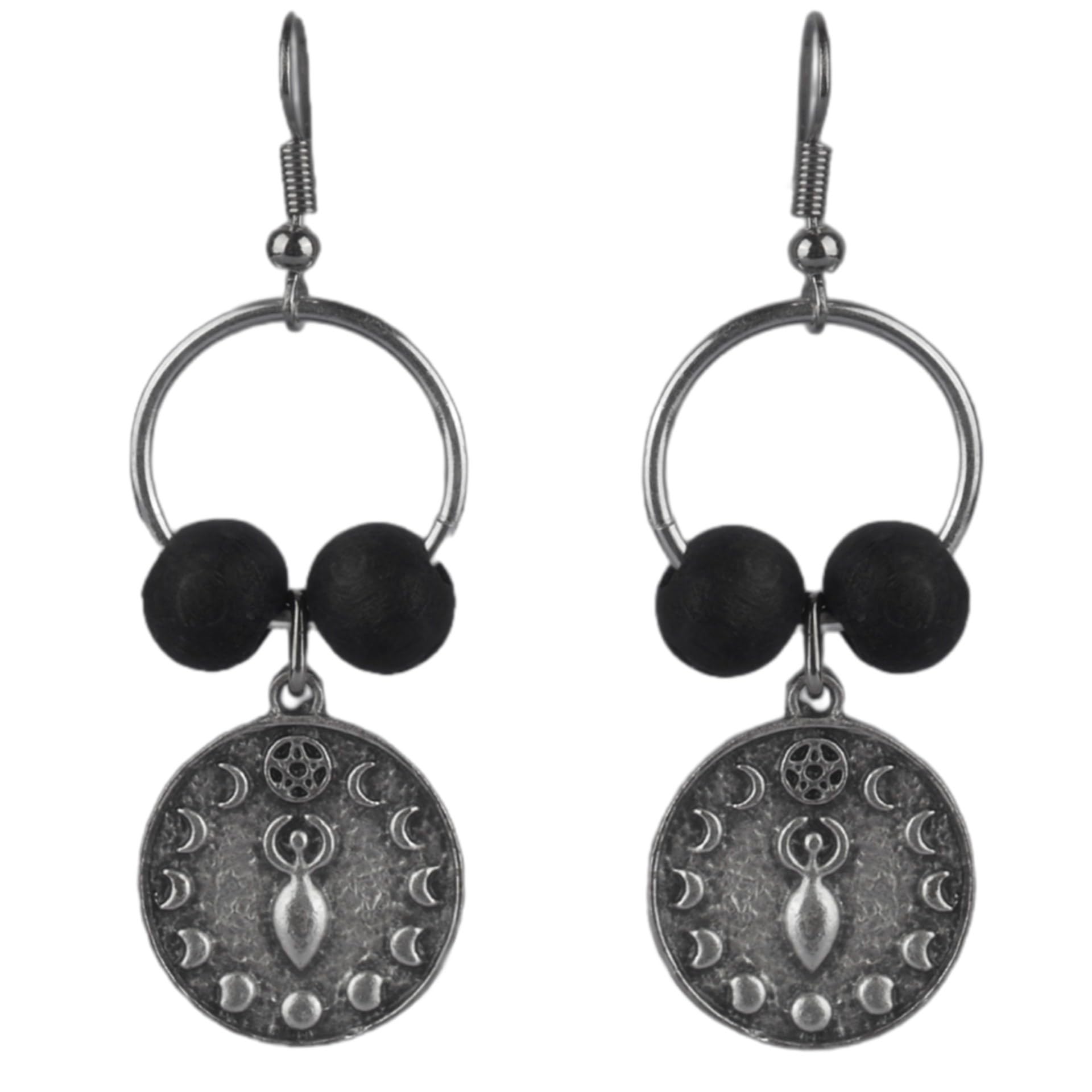 Coventum Selene Moon Goddess Earrings – Handmade Silver Color Dangle Earrings with Lunar Phase & Black Beads, Moon Goddess Symbol Inspired Jewelry for Adults