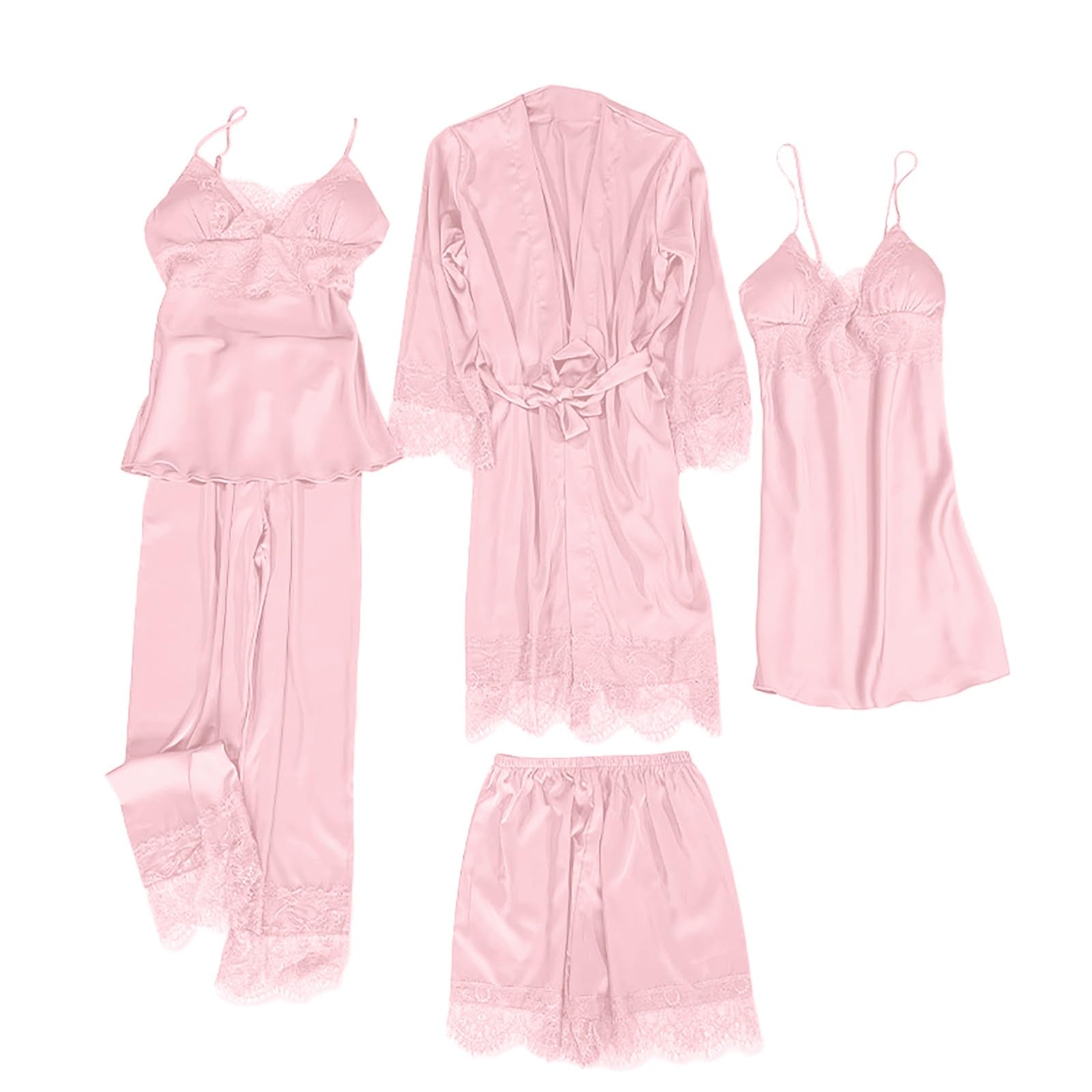 Conjunto de Pijama y Pantalones con Encaje Floral para Mujer, lencería de 4 o 5 Piezas, Vestido de Seda, Ropa de Dormir