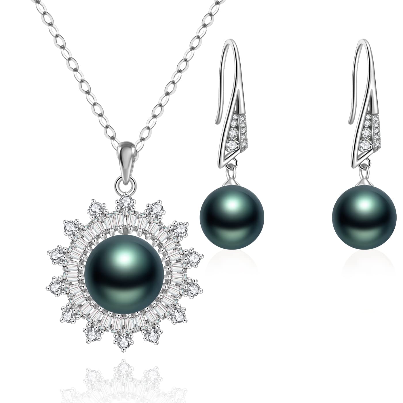 Nonnyl Set di collana e orecchini con vera perla nera coltivata di Tahiti, da donna, con perle nere rotonde, gioielli raffinati, regalo per donne, mogli, fidanzate, madri, in argento Sterling, perla