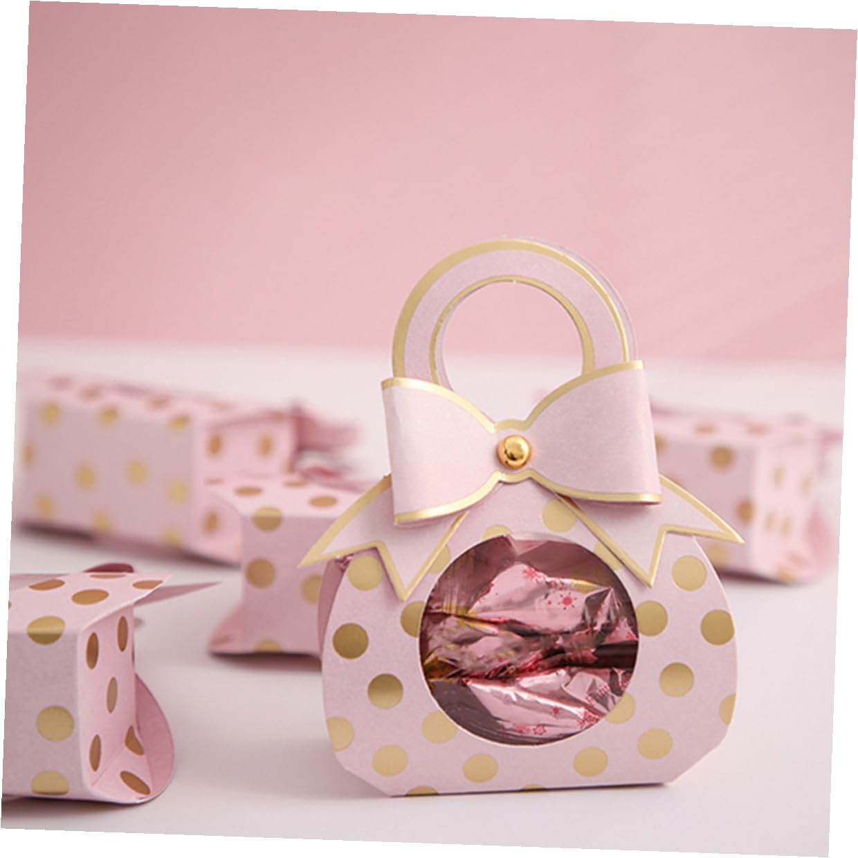 BESPORTBLE 50 Pezzi Souvenir Box Manico e Fiocco Elegante in Carta Rosa 6,5x3,5x13 Cm per Nozze e Party