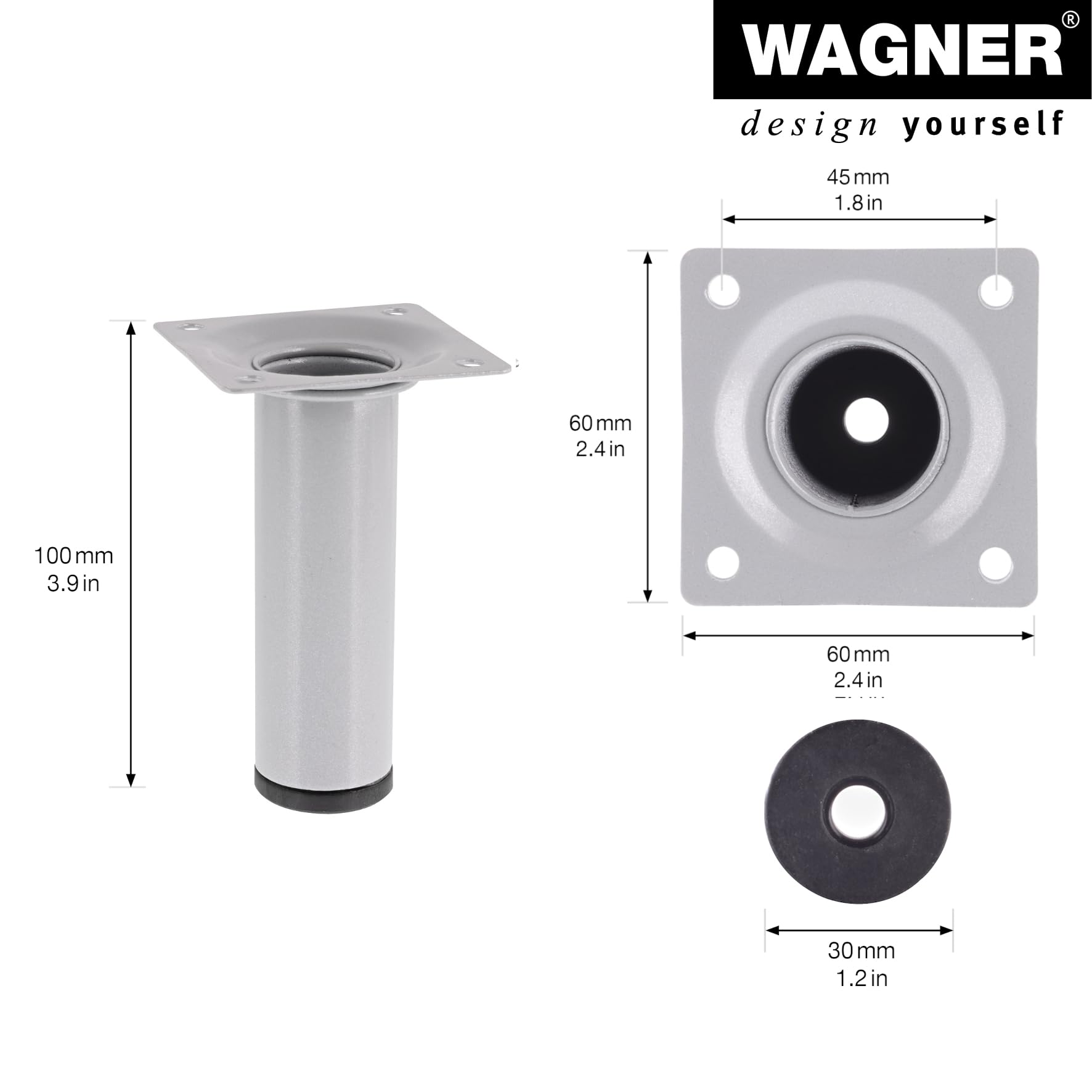 WAGNER Classic Retro 12121001 Furniture Leg/Table Leg/Furniture Foot Diameter 30 x 100 mm Integrated Screw-On Plate 60 x 60 mm Internal Thread Diameter 10 mm Powder-Coated Steel Aluminium Silver - Image 2