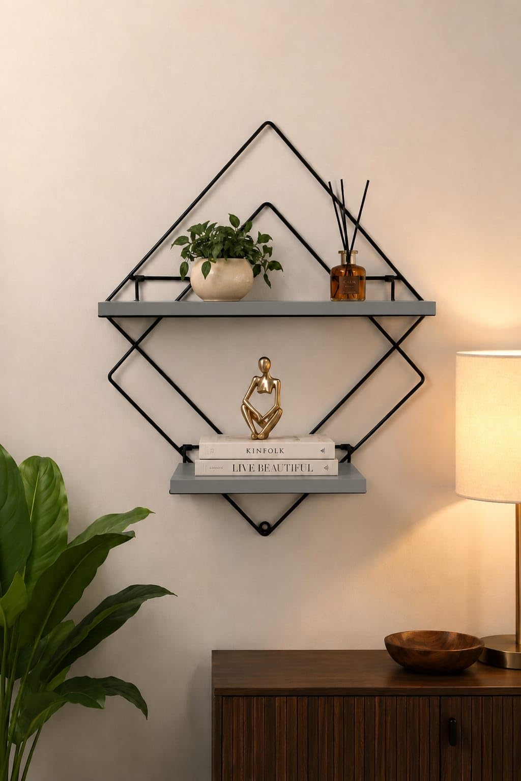 Modern Geometric Wall Shelf for Living Room Decor | Premium Wooden Floating Shelves with Black Metal Frame & Gray Board | Stylish Wall Mounted Display Rack for Office & Home-image-17
