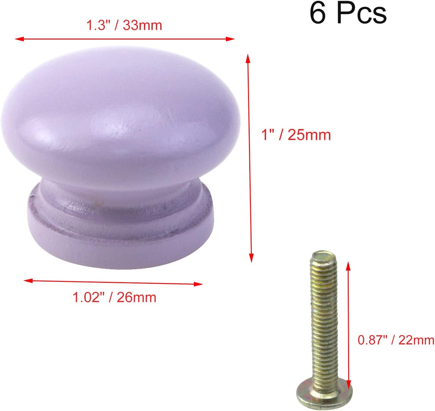 6Pcs Wood Door Knob, Colorful Cute Drawer Cabinet Knob Wood Round Mushroom Shape Knobs Furniture Cabinet Knobs Pull Handles for Cupboard Bedroom Home, 1 Inch (Purple)