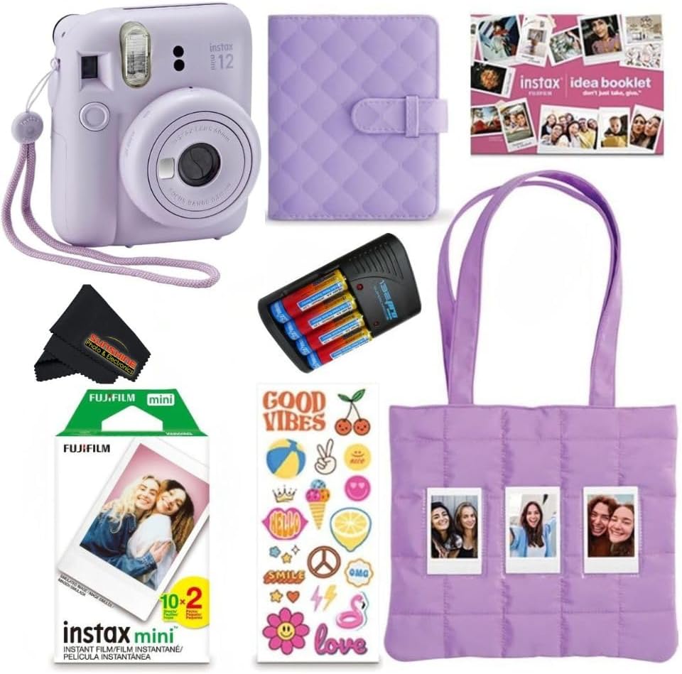 FUJIFILM INSTAX Mini 12 Holiday Bundle 2025 | with Extra Instax Mini Film + 4 Pk AA Batteries & Sunshine Photo Microfiber Cleaning Cloth (10 Items) (20 Sheets, Lilac Purple)