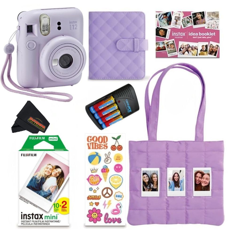 FUJIFILM INSTAX Mini 12 Holiday Bundle 2025 | with Extra Instax Mini Film + 4 Pk AA Batteries & Sunshine Photo Microfiber Cleaning Cloth (10 Items) (