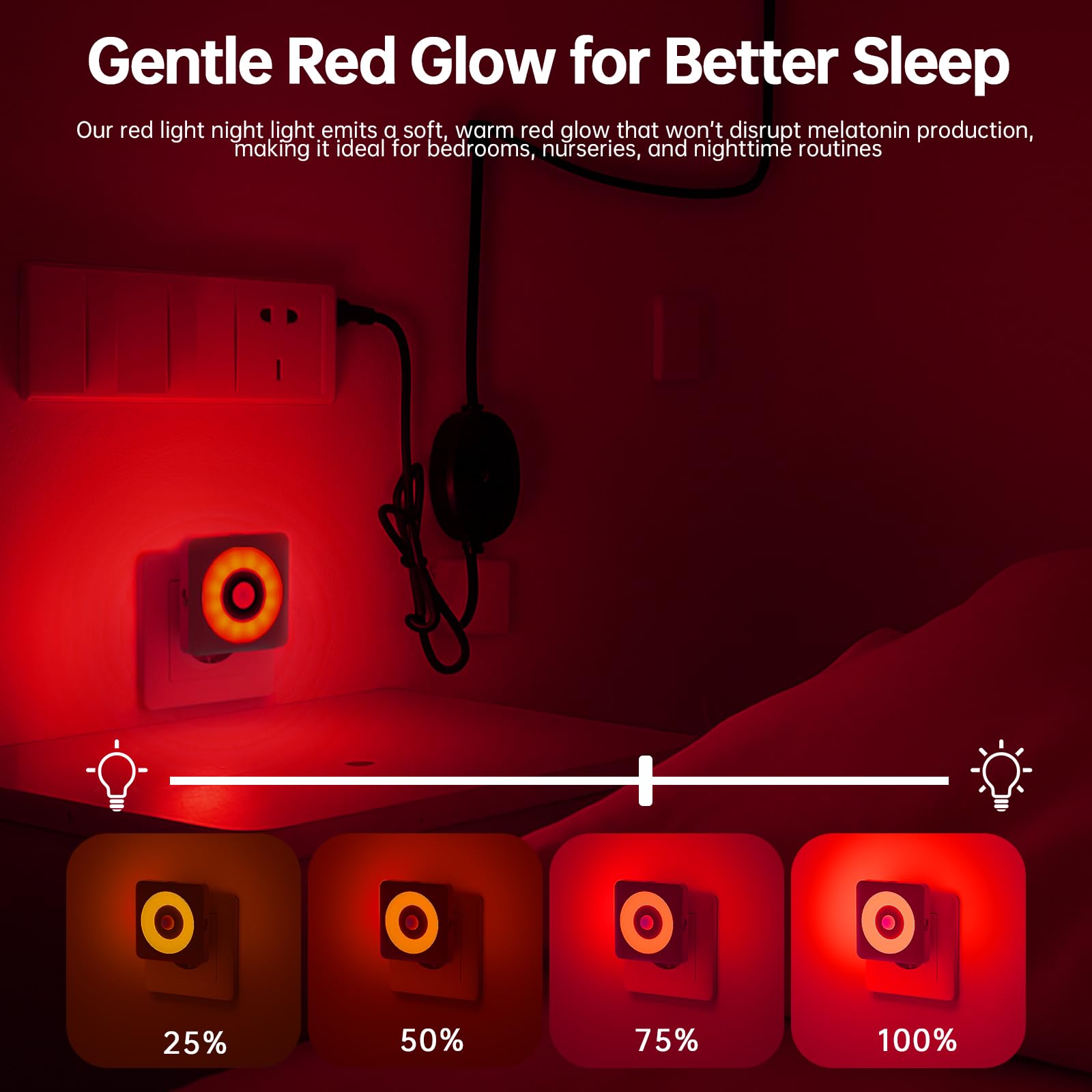 Luce Notturna Bambini da Presa, 2 Pezzi Luci Notturne con Sensore Movimento Modalità Sensore o Sempre Accesa Regolabile, Certificata CE per Interni da Letto, Soggiorno e Bagno (Rosso)