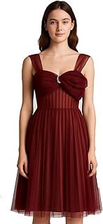 Elegant Burgundy Evening Dress – Lined Tulle with Satin Stripes & Back Zipper – Below Knee –