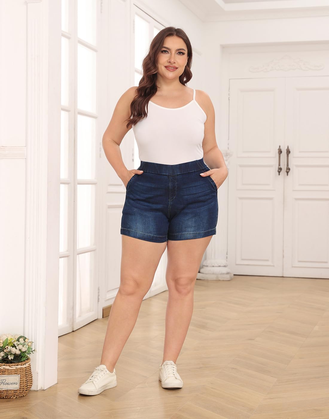 HDE Damen-Jeans-Shorts, Übergröße, hohe Taille, Stretch-Denim-Shorts zum Hineinschlüpfen