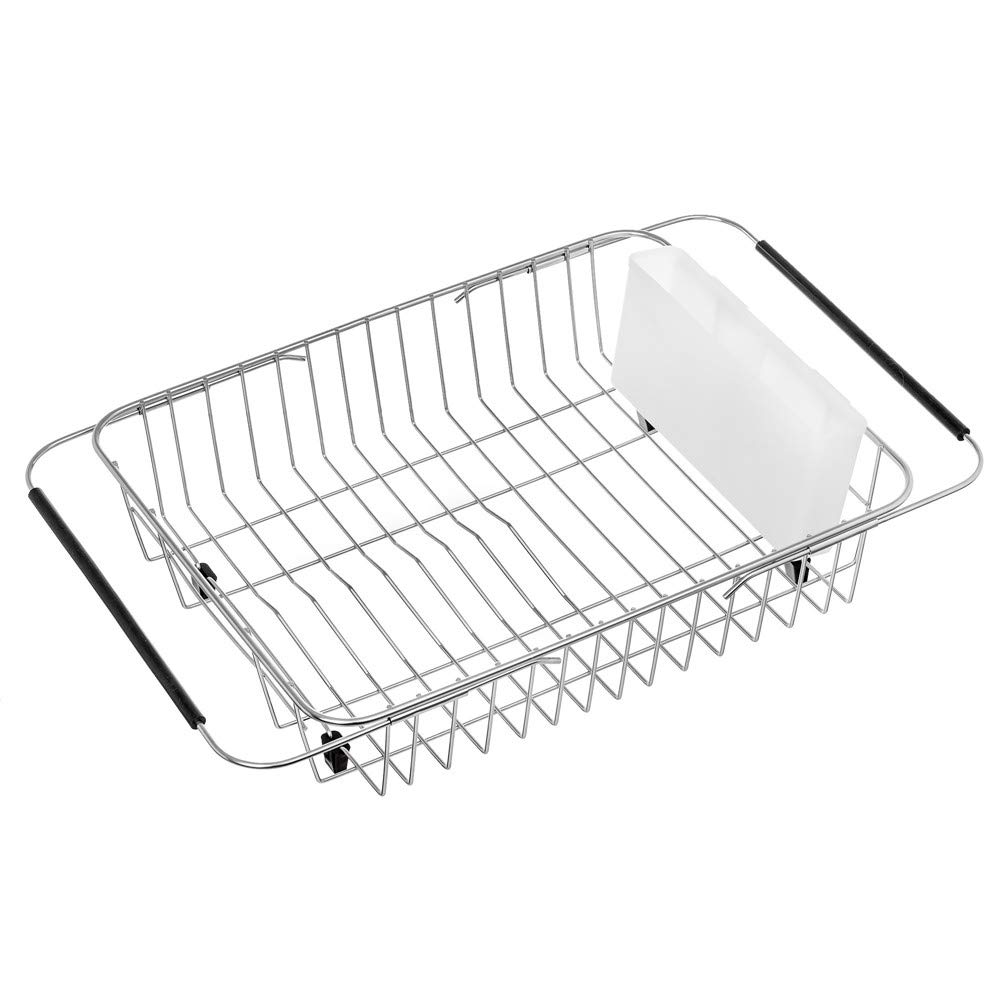 SANNO Dish Drying Rack, Expandable Dish Drainer Over Sink in Sink On Counter with Utensil Silverware Storage Holder, Rustproof Stainless Steel