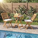 Giantex 3Pcs Ensemble de bistros de patio, ensemble de tables pliantes en bois, 2 Chaises Coussinées pour jardin, Table Ronde de Meubles d'extérieur (Natural & Béige)