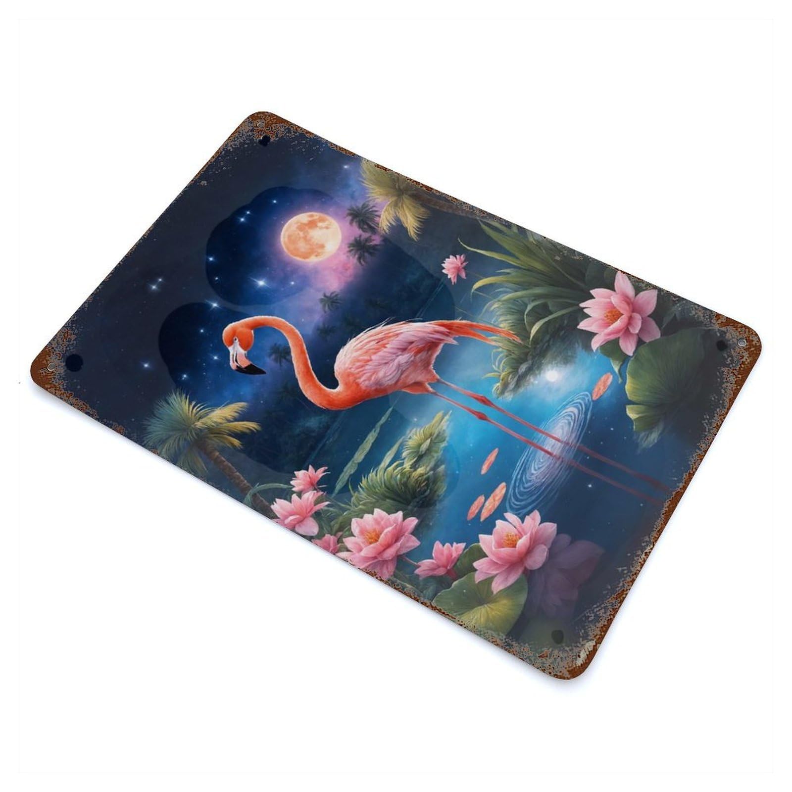 Pink Flamingo Night Rustic Tin Plaque 11.8"x7.9", for Shed, Workshop And Garage Wall Decor, Rustic Home Decor
