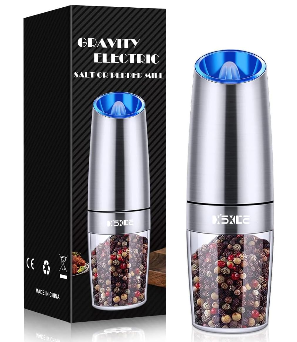XinXu Gravity Electric Pepper/Salt Grinder, Salt and Pepper Mill & Adjustable Coarseness, Battery Powered with LED Light, One Hand Automatic Operation, Stainless steel - (Single/Silver)