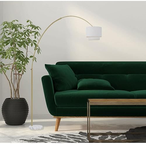 Miniatura 4 de Lámpara de pie ajustable arqueada con interruptor de pie en línea, pantalla de tela de 2 niveles y base de mármol para el hogar u oficina en oro